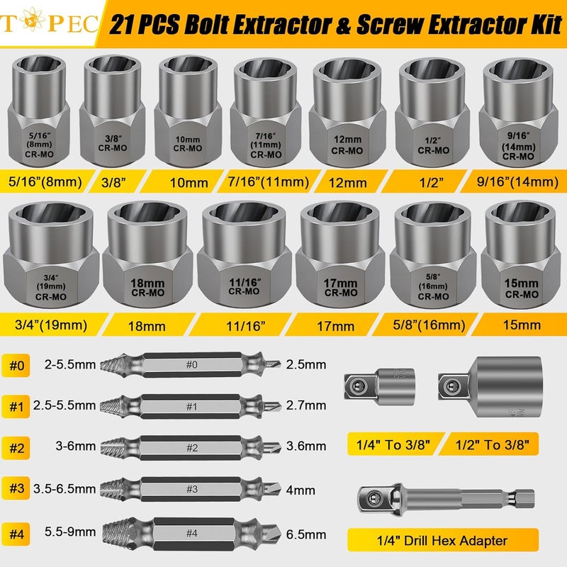 Topec 21 PCS Bolt Extractor Kit, 3/8" Drive Bolt & Nut Remover Socket Set, HSS 4341 Small Screw Extractor Set, 2-in-1 Removal Tool for Stripped, Broken, Damaged, Rounded Nuts, Screws - Image 2